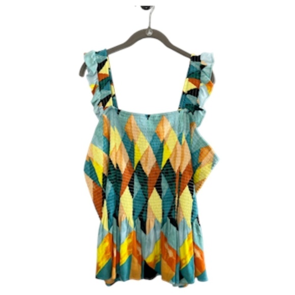 Torrid Top Women 4X Yellow Peplum Crinkle Gauze Smocked Ruffle Geometric Goth - Picture 4 of 15